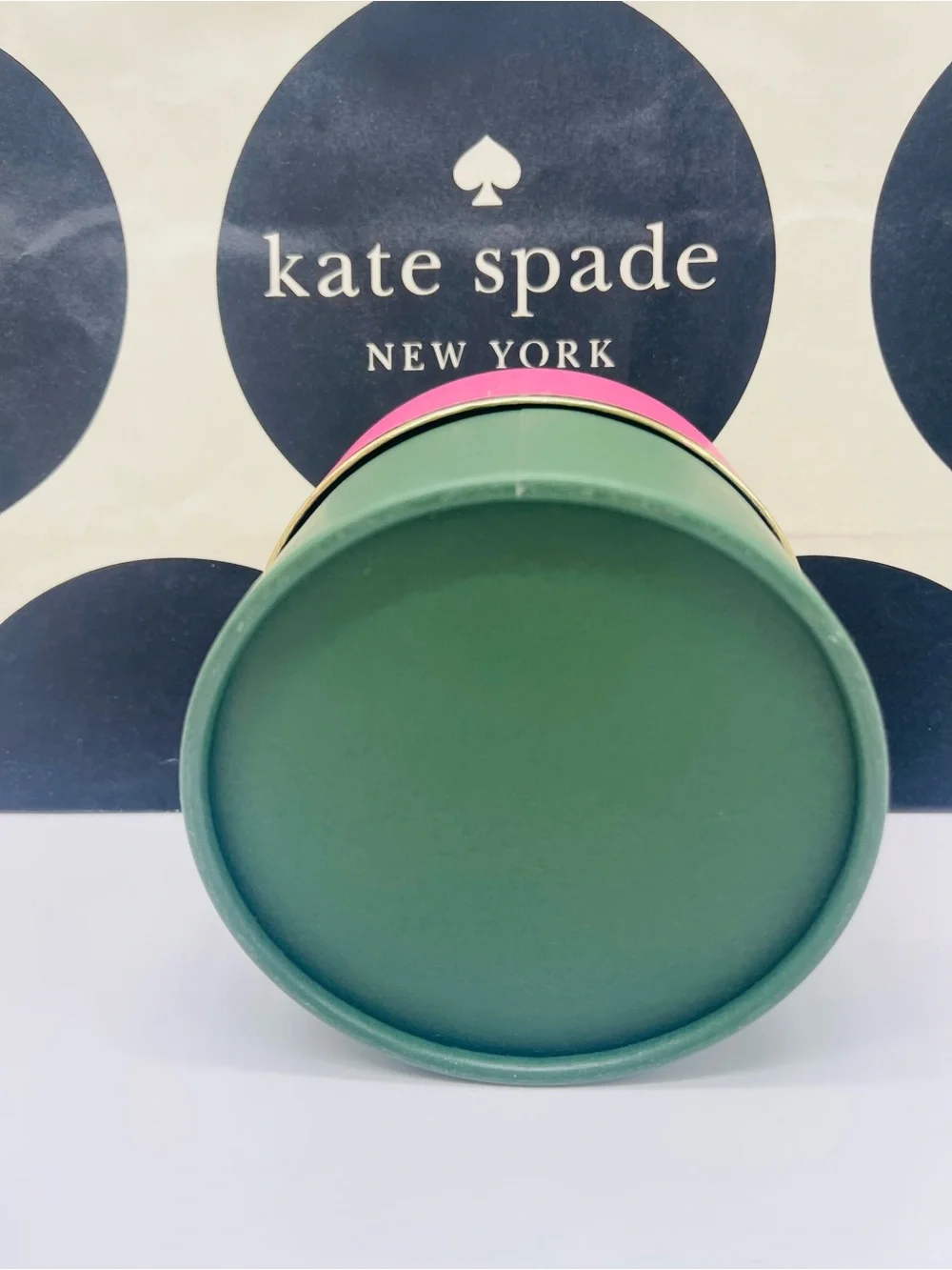 kate spade Pink and Green Round Gift Box with Gold Trim New